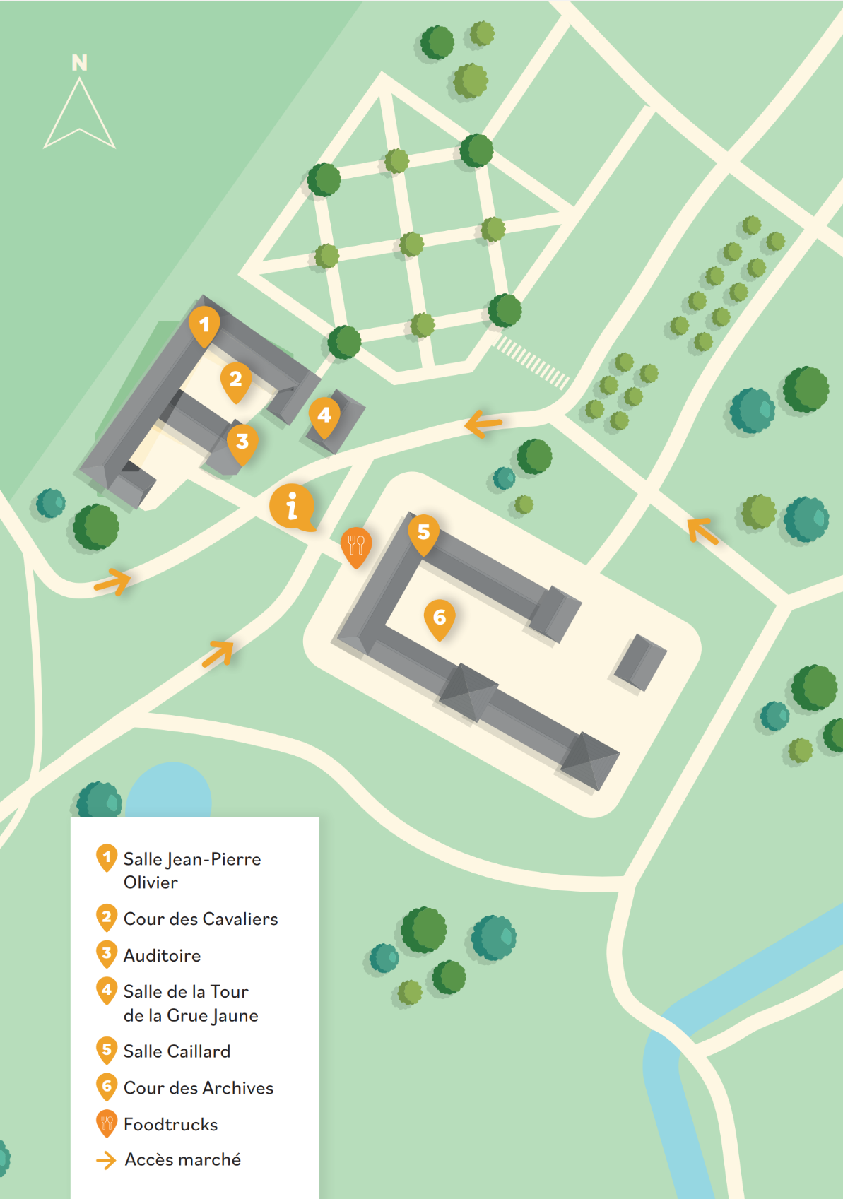 Plan du Domaine de Chamarande avec l'emplacement des salles, des cours et des food trucks du marché Made in Essonne